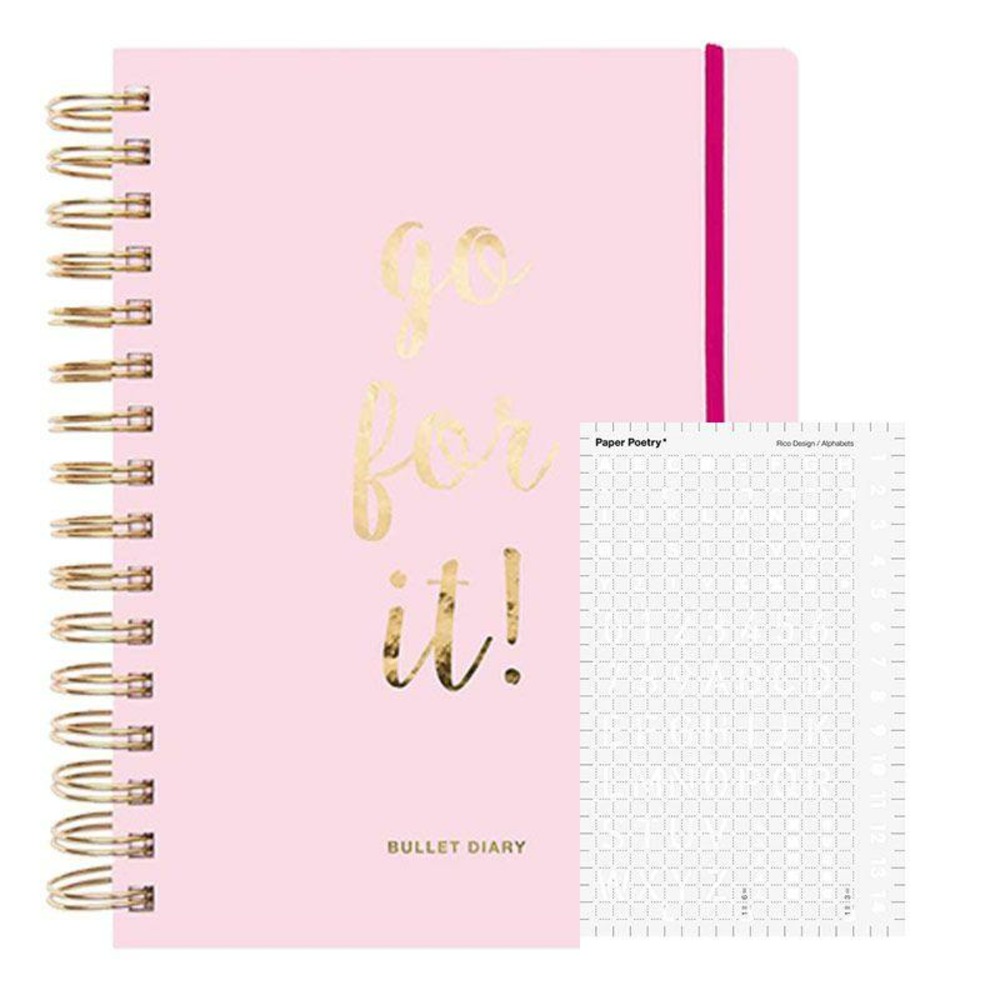 Agenda bullet journal rose à spirales 96 feuilles + pochoir flèches et formes