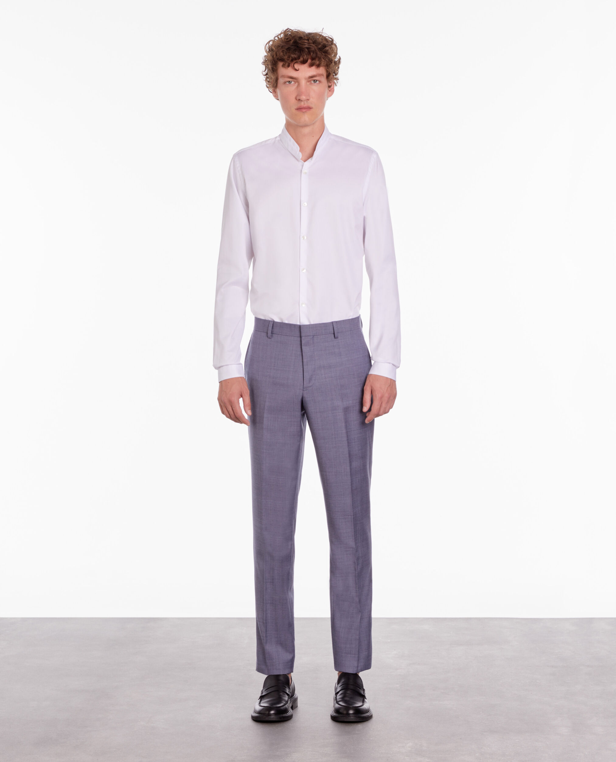 Pantalon de costume en laine à carreaux gris et bleus