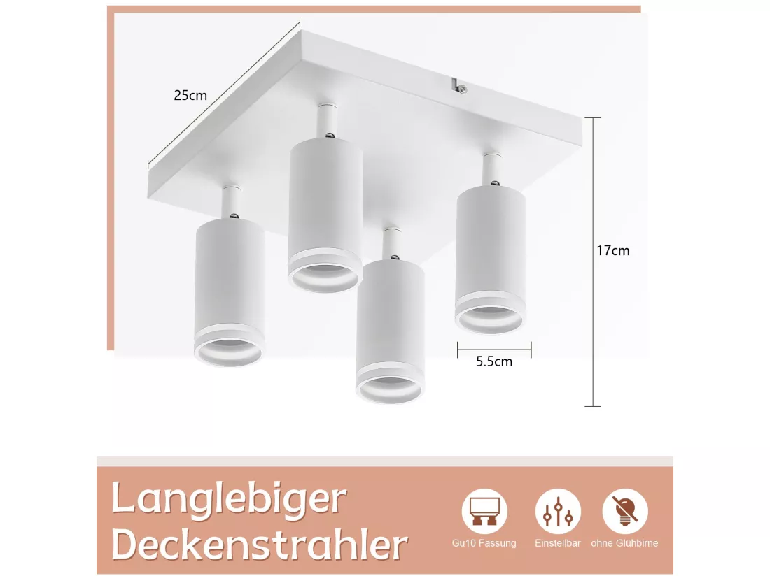 NETTLIFE Spot de plafond blanc 4 ampoules moderne spot GU10 spots orientable intérieur métal