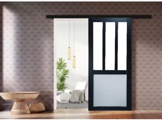 Porte Coulissante Atelier Noir Et Panneau Blanc Vitree H204 X L83 + Rail Alu Bandeau Noir Et 2 Coquilles Gd Menuiseries