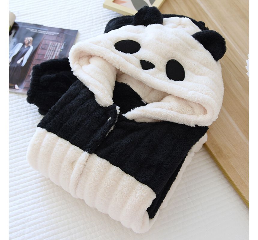 MelMount - Bijpassende pyjamaset voor koppels: flanellen top met panda-oortjes, capuchon en knoopjes + effen broek