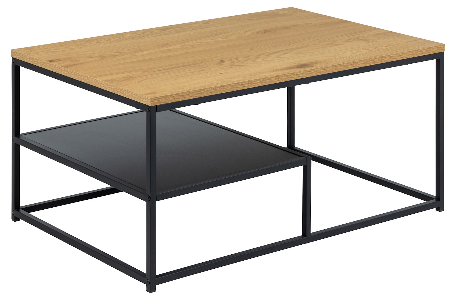 Gila sofabord Melaminplate i eik med sort melaminhylle og matt sort pulverlakkert stålunderstell. 90x60x42cm