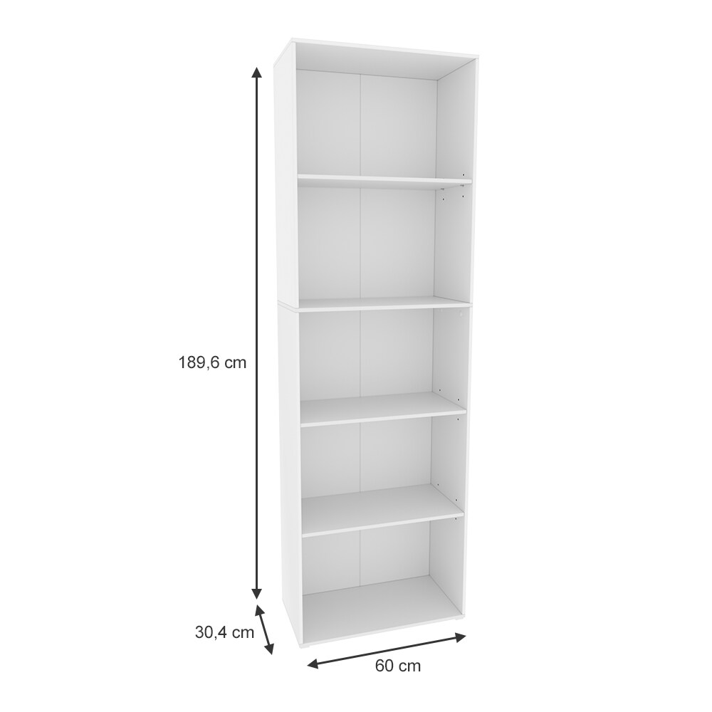 Vicco Bücherregal Bob, 190 x 60 cm, Weiß, Wohnzimmer Standregal mit 5 Fächern