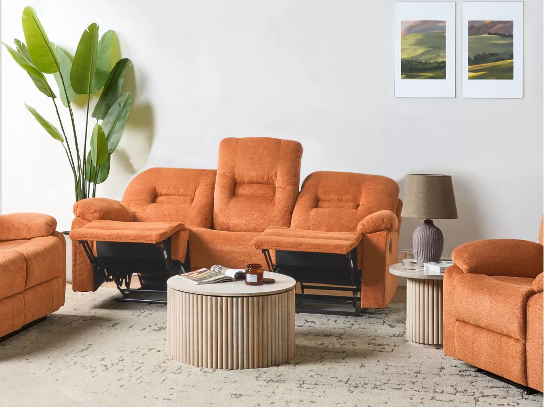 Canapé inclinable manuellement 3 places en tissu orange BERGEN