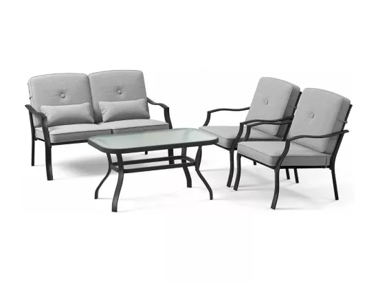 Salon de Jardin 4 Pièces avec Table Basse en Verre Trempé et Coussins Charge 300KG, Ensemble de Canapés de Terrasse avec Cadre Métallique 4 Places, pour Patio Balcon Terrasse