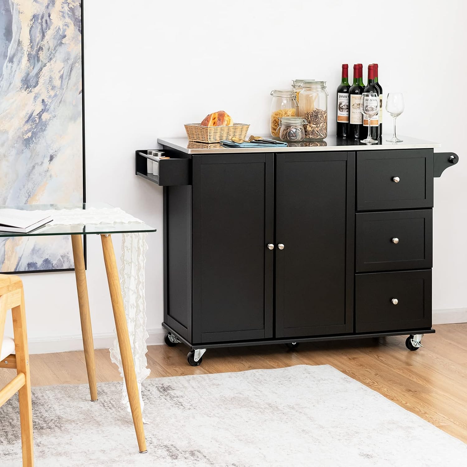GIANTEX Küchenwagen mit Edelstahlplatte, Küchenschrank mit Rollen, bewegliche Kücheninsel mit 3 Schubladen & Verstellbaren Ablagen, Servierwagen Rollwagen Holz, Küchentrolley 135x45,5x91,5cm (Schwarz)