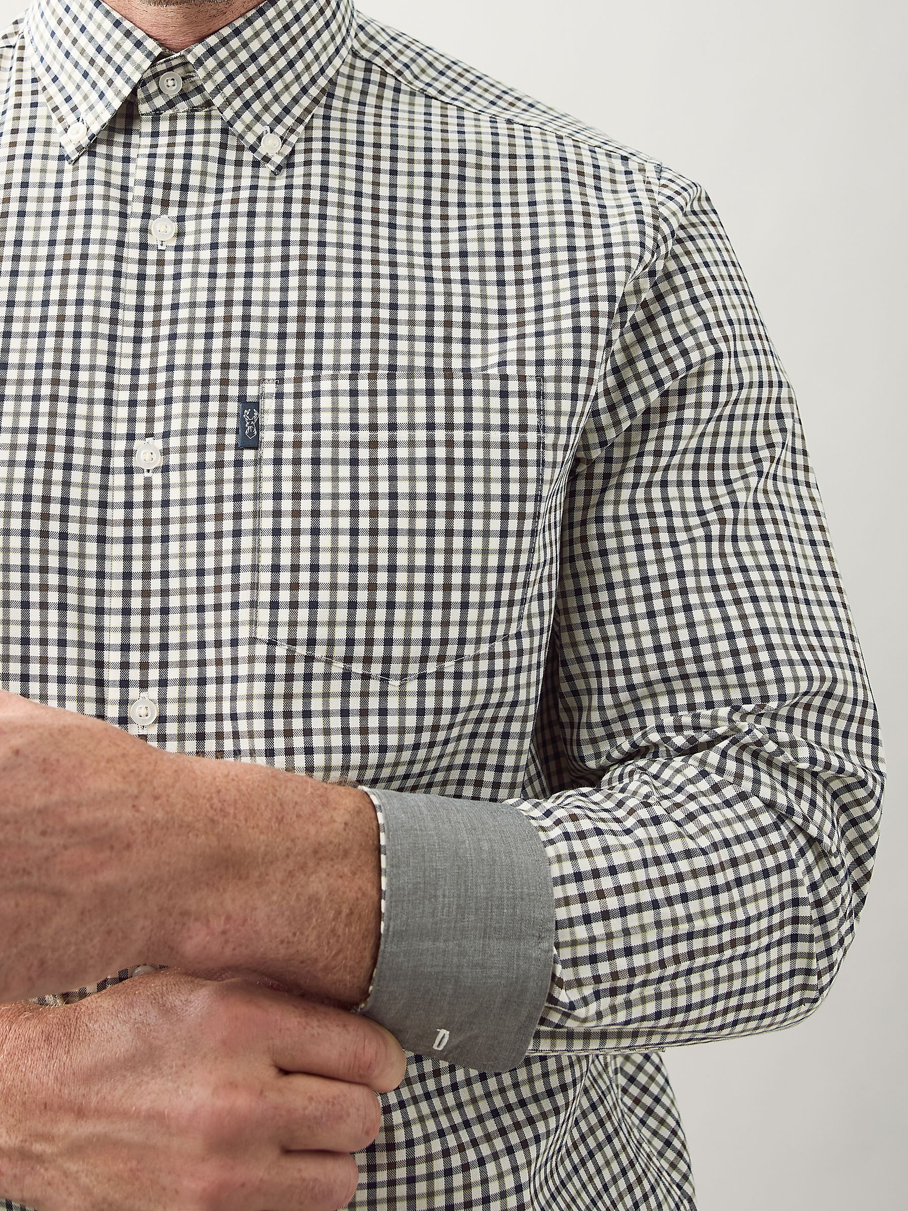 Neutraal bruin/marineblauw gingham-ruit - Eenvoudig te strijken Oxford-overhemd met knopen en standaard pasvorm