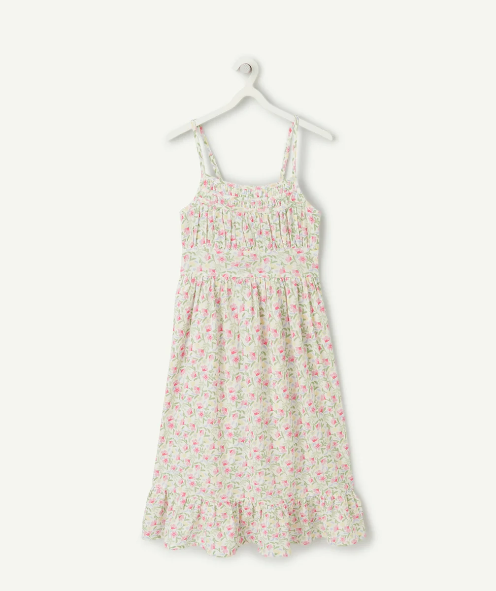 robe longue à bretelles fille en coton imprimé fleuri rose vert et bleu