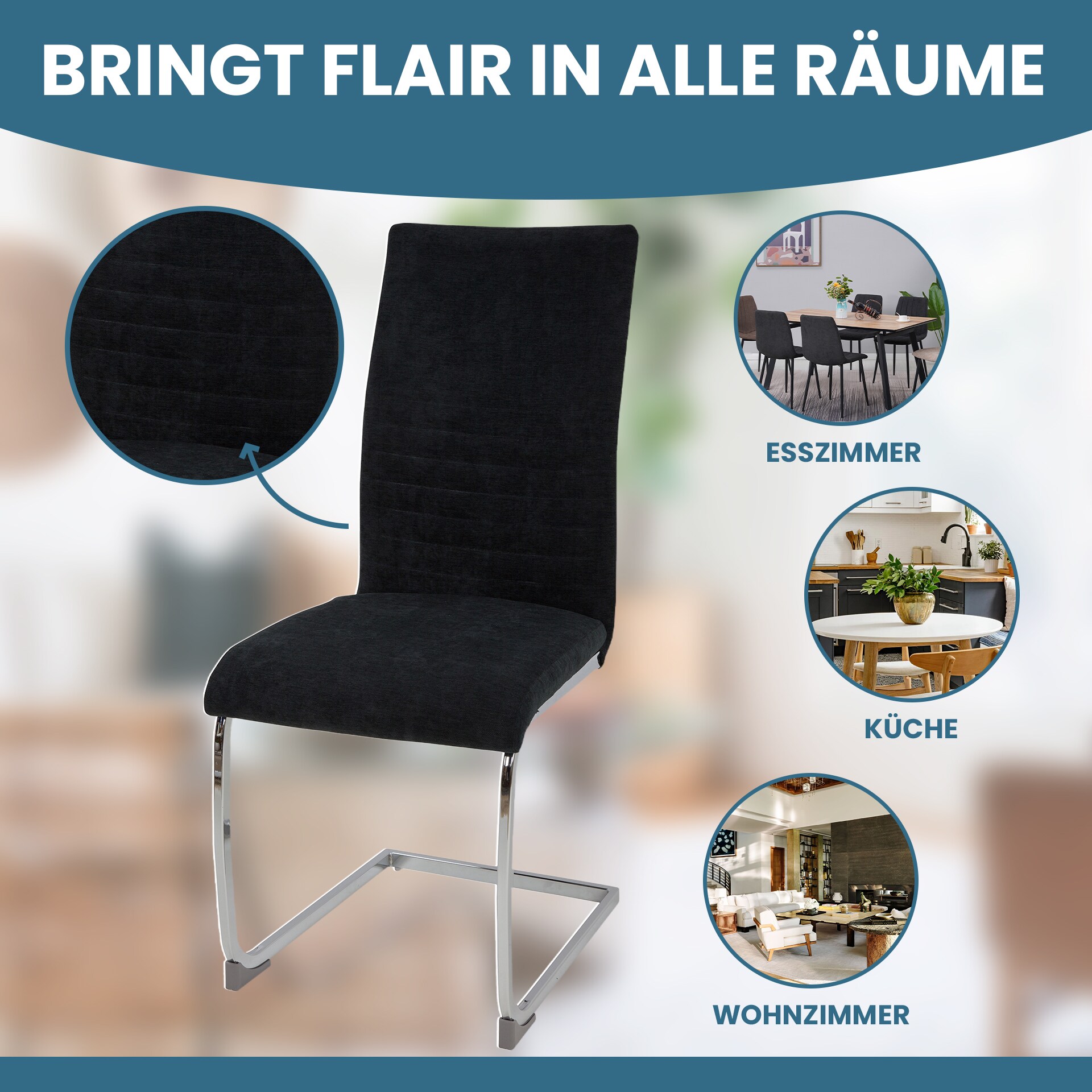 Freischwinger Stühle 4er Set LUGANO, Schwarz - Esszimmerstuhl Schwingstuhl mit modernem Design, Stoff-Bezug, dicke Polsterung - Küchenstuhl, Polsterstuhl, Stuhl Esszimmer oder Esstisch Stuhl