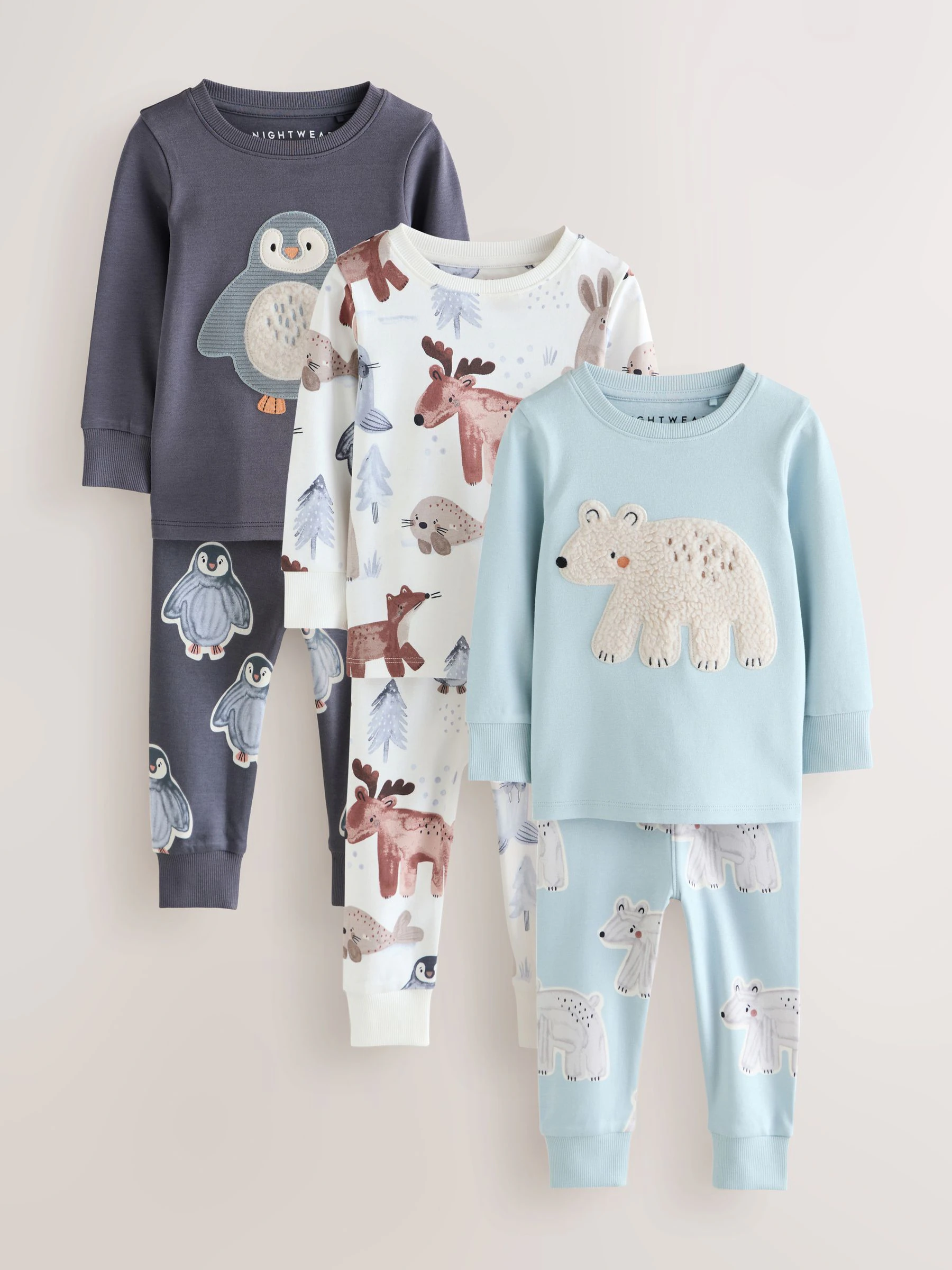 Blue/Ecru Animal - Verpakking van 3 knusse pyjama's (9 mnd-8 jr)