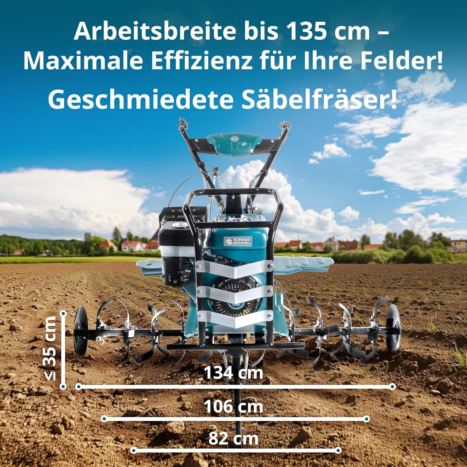 Könner & Söhnen KS 9HP-1350G-3 Benzin Bodenhacke mit Direktantrieb,gartenfräse, geschmiedete Säbelfräsen,3 Vorwärtsgänge, Rückwärtsgang, ≤134 cm Arbeitsbreite, ≤ 35 Arbeitstiefe,9.0 PS Kultivator