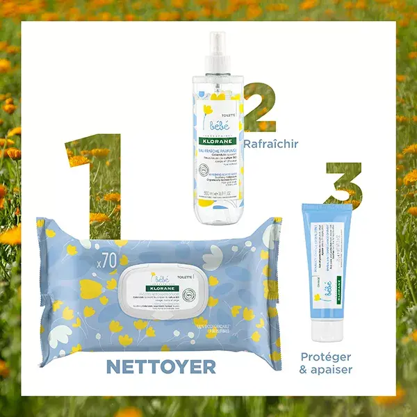 Lenços umedecidos de limpeza suave Klorane Baby Calendula, 70 unidades