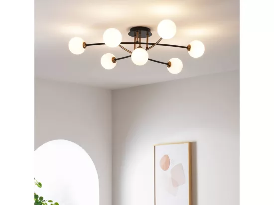 Plafonnier tendance métal noir et verre blanc - Estrela