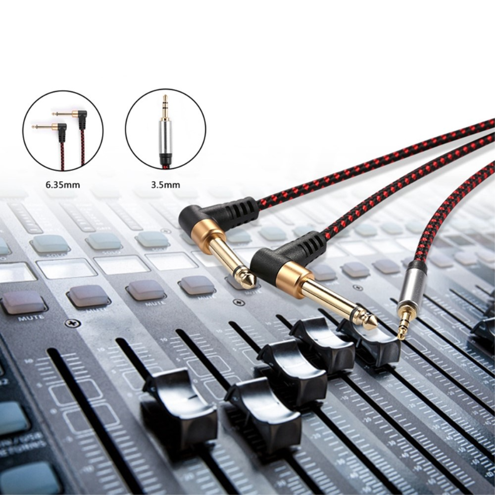 (5m) 3.5mm Stereo Audio AUX Klinke Stecker auf 6.35mm Nylon Y Kabel 90° Winkel mit vergoldeten Kontakten - Schwarz / Rot