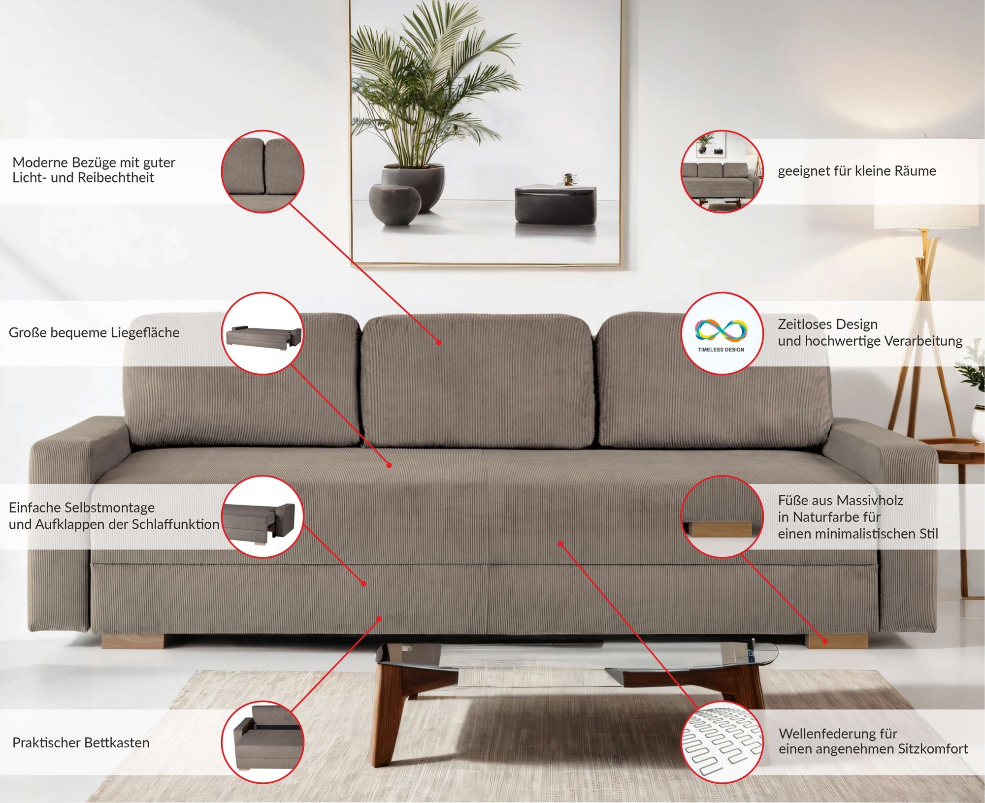 Home affaire 3-Sitzer »SHERIDIAN Schlafsofa mit Bettkasten, in Feincord & Velvet« mit Wellenunterfederung, moderne Bezüge, B/H/T 225/94/80