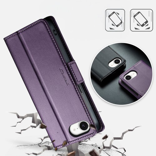 iPhone 16e Leder Tasche Flip Wallet Etui mit Kartenfächern Litchi Look (RFID Schutz) - Lila
