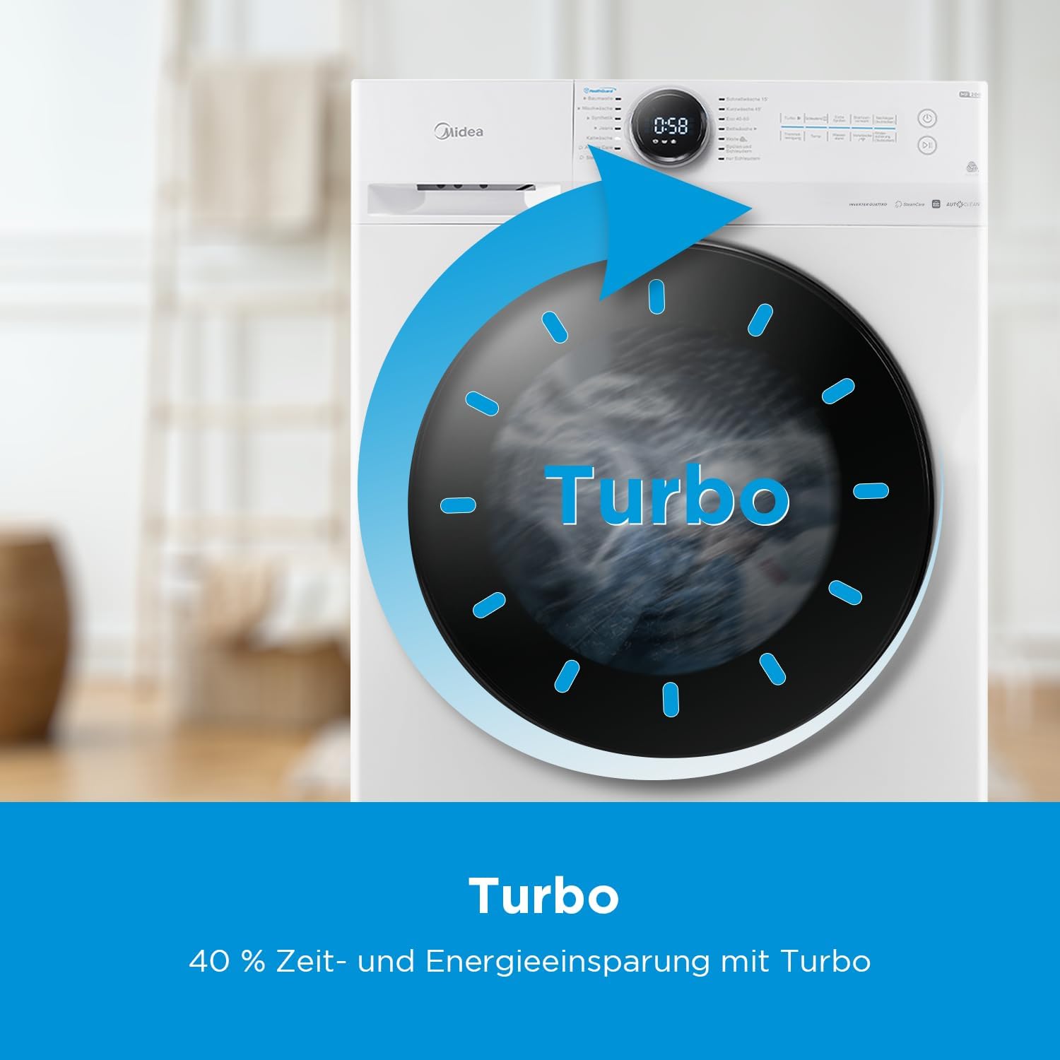 Midea MF200W80WB-14AS Waschmaschine / 8KG / nur 48 cm tief/Energieeffizienzklasse A/Steam Care/Nachlegefunktion / 1400 U/min/Turbo Wash/APP-Steuerung, AquaStop