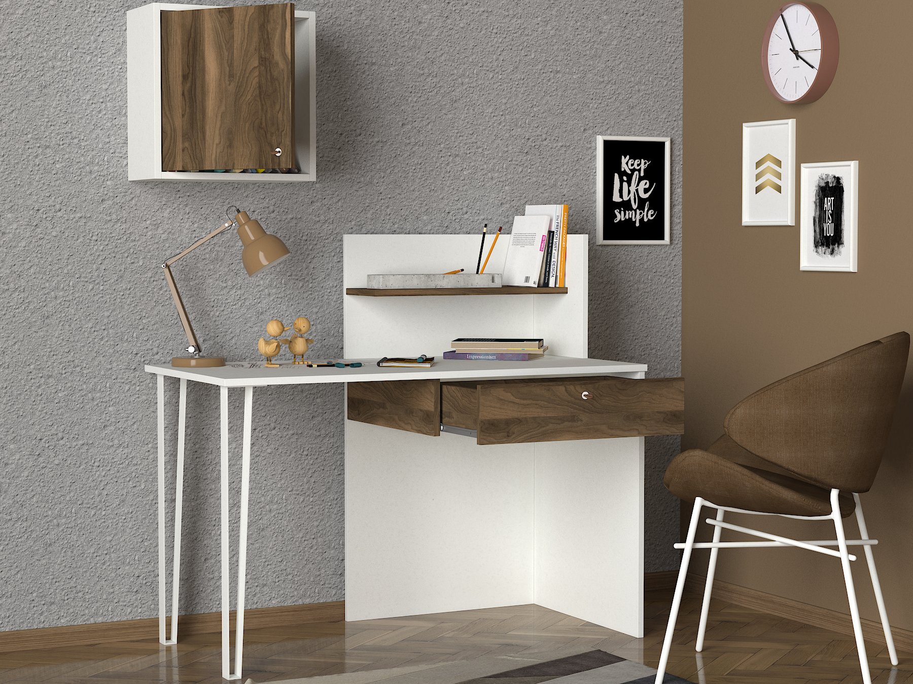 Schreibtisch Punto mit Metallfüße Weiß Walnuss