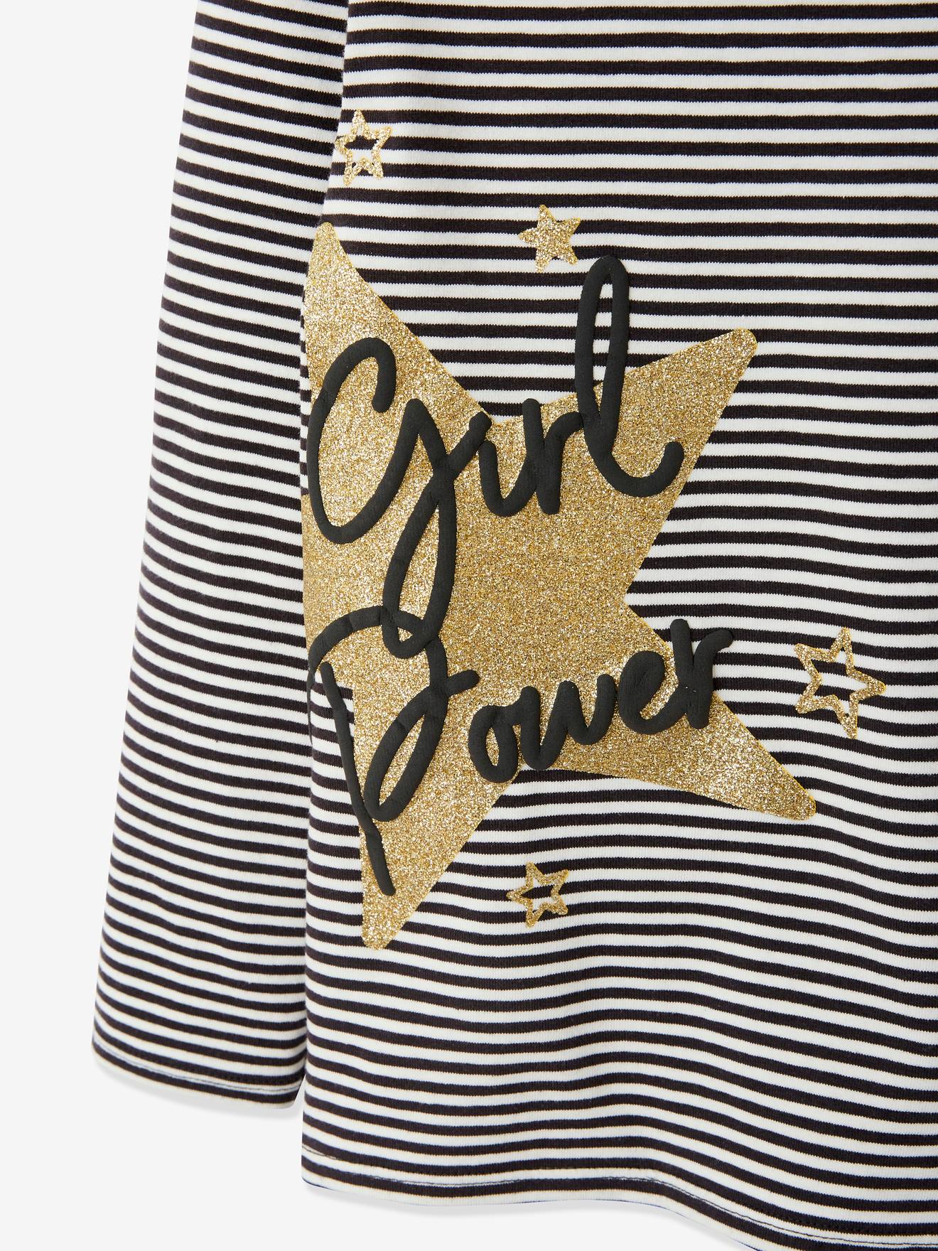 Camiseta de gola alta listrada com detalhes brilhantes, para meninas, tamanho médio, preta listrada.