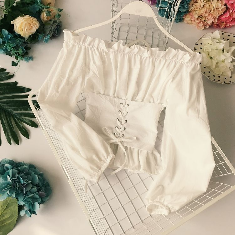 Lucuna - Blouse met lange mouwen, off-shoulder ruches en vetersluiting
