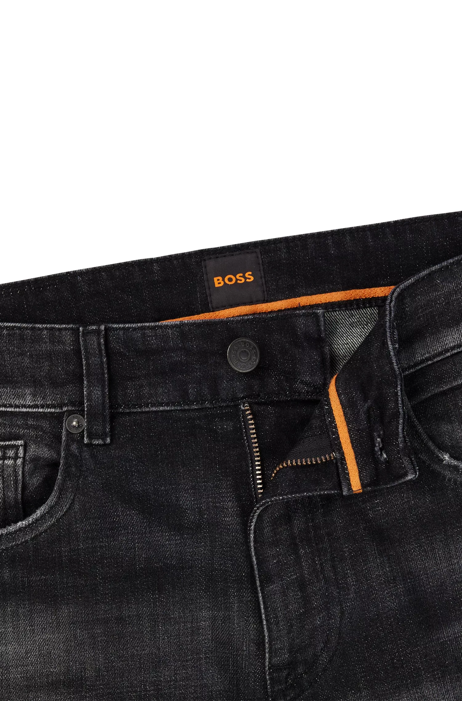 Calça jeans BOSS laranja, corte slim, em denim stretch preto.