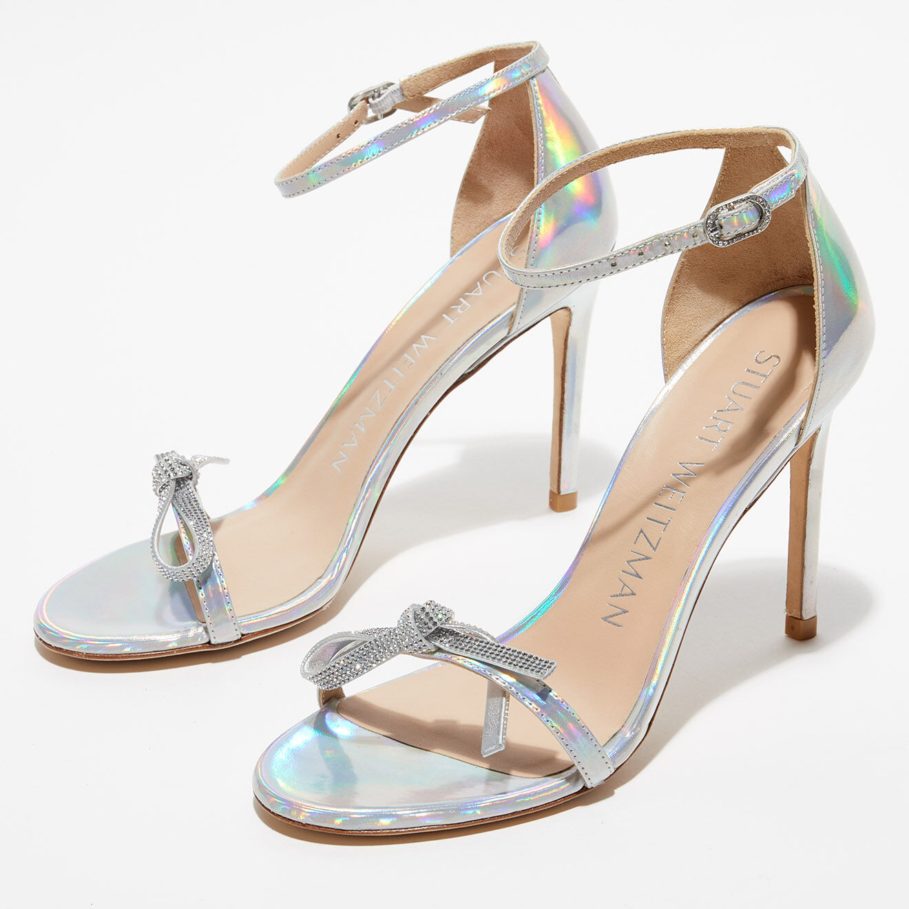 Stuart Weitzman Sandales en Cuir Nudist Bow argentées - Talon 10 cm