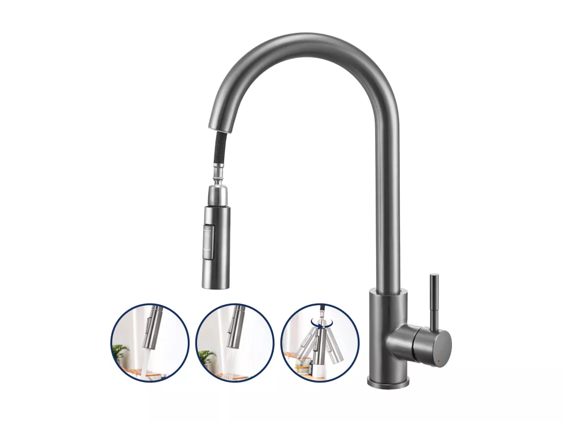 Lonheo Max Robinet de Cuisine Gris avec 2 Fonctions Douchette Extractible Mitigeur Cuisine Rotatif à 360° en Acier Inoxydable,EU Modèle