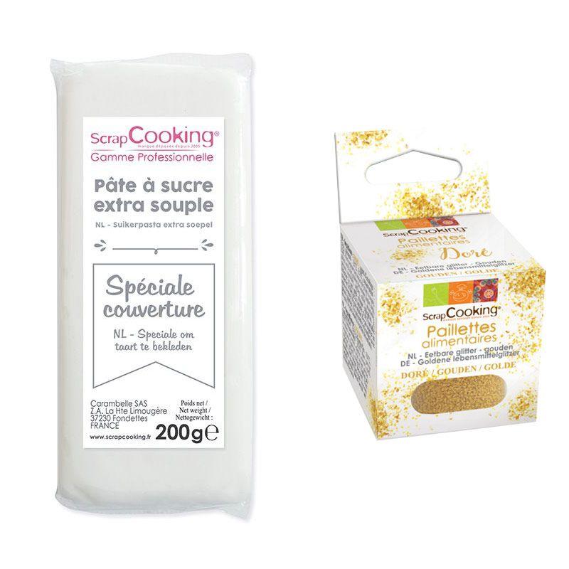 Pâte à sucre de couverture blanche 200 g + paillettes dorées Scrapcook