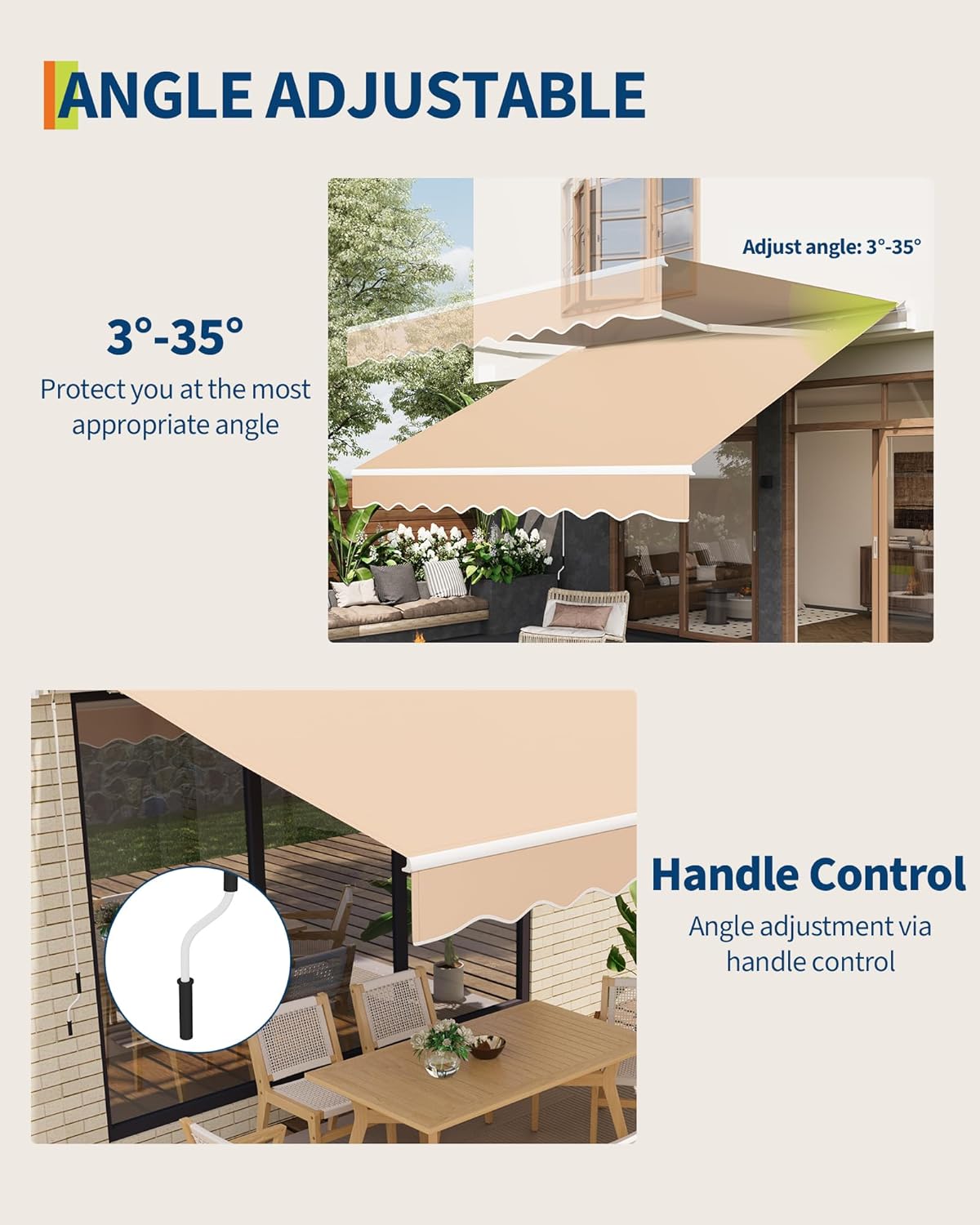GarveeHome Gelenkarmmarkise 300 x 250 cm, UV50+ & wasserabweisend, mit Kurbel & Wandhalterung Länge + Winkel einstellbar, Markise für Terrasse & Balkon, Sonnenschutz Balkonmarkise Gelenkmarkise