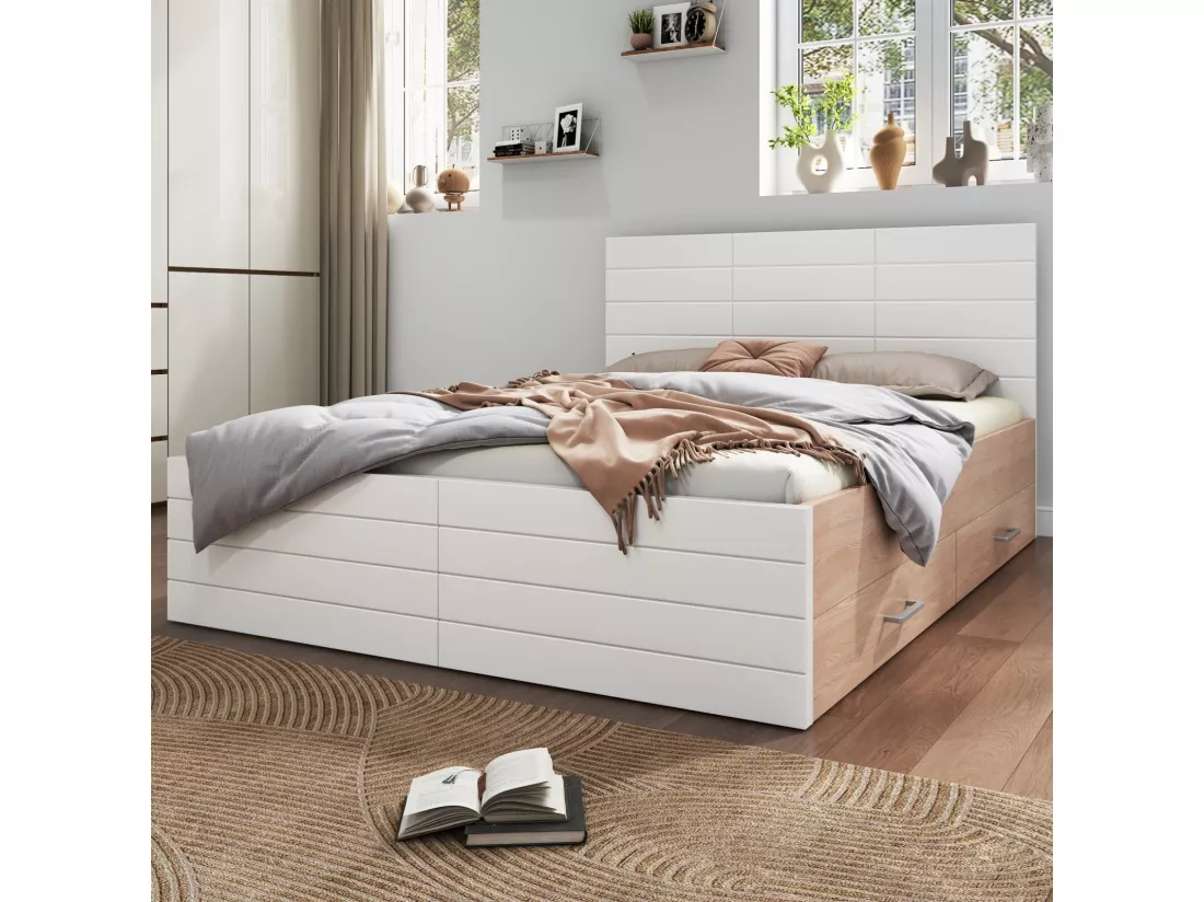 Lit avec rangements 180 × 200 cm - chêne - 2 tiroirs - blanc et grain de bois - 207×185x80cm