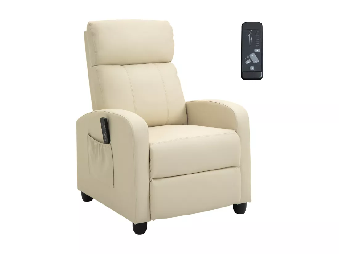 Fauteuil de relaxation et massage inclinaison dossier repose-pied réglable revêtement synthétique crème