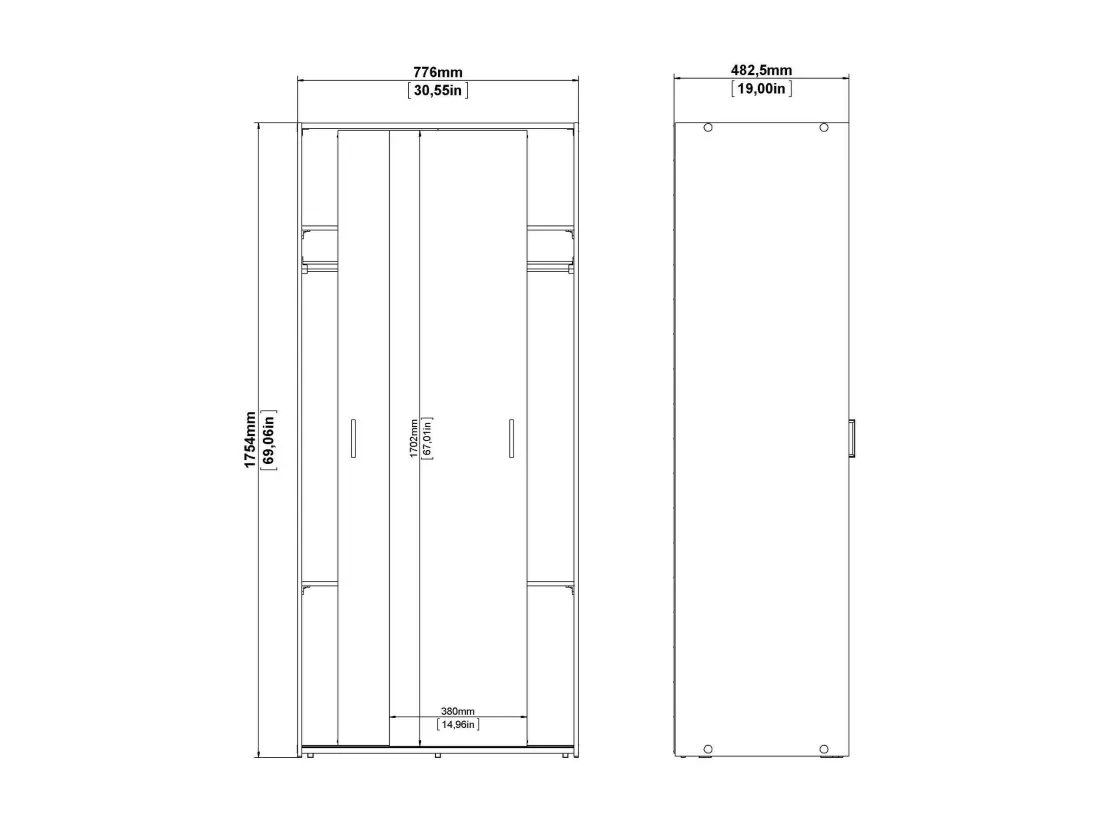 Garde-robe 2 portes Dscapuzz, Meubles de chambre, Penderie de plain-pied, Placard à vêtements, 78x48 h175 cm, Blanc