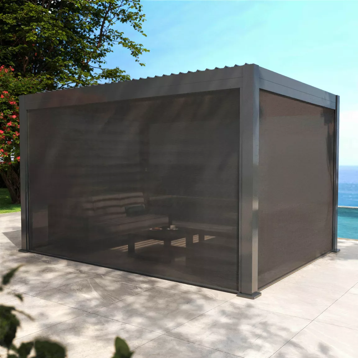 Lot de 4 rideaux motorisés pour pergola bioclimatique autoportée (3 x 4 m) Gris anthracite