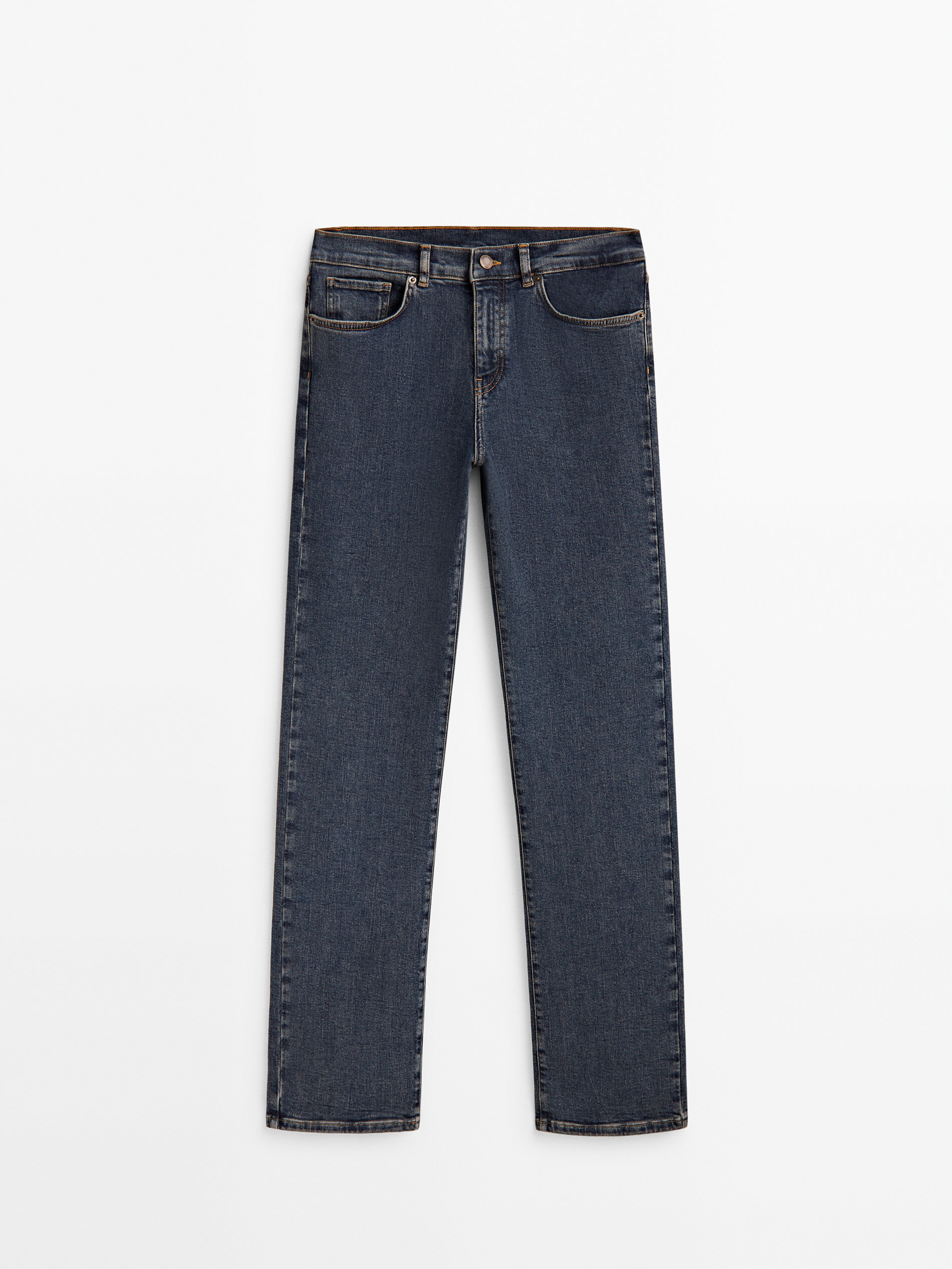 Calça jeans reta de cintura alta com elastano - AZUL MÉDIO