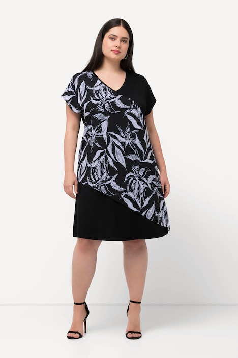 Jerseykleid, Oversized, Blätter, V-Ausschnitt, Halbarm