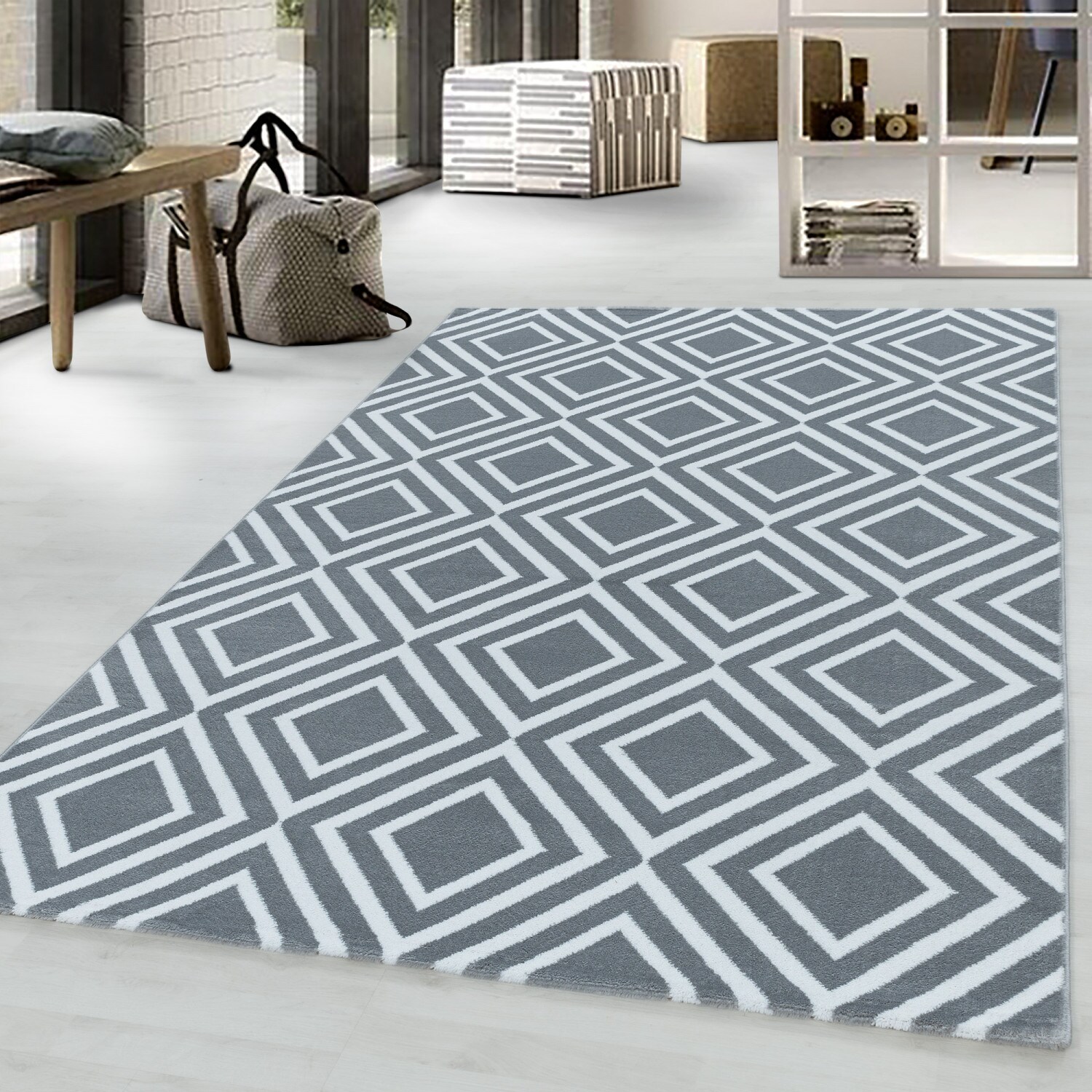 Moderner Kurzflor-Teppich im Rauten-Design Pflegeleicht ideal für das Wohnzimmer