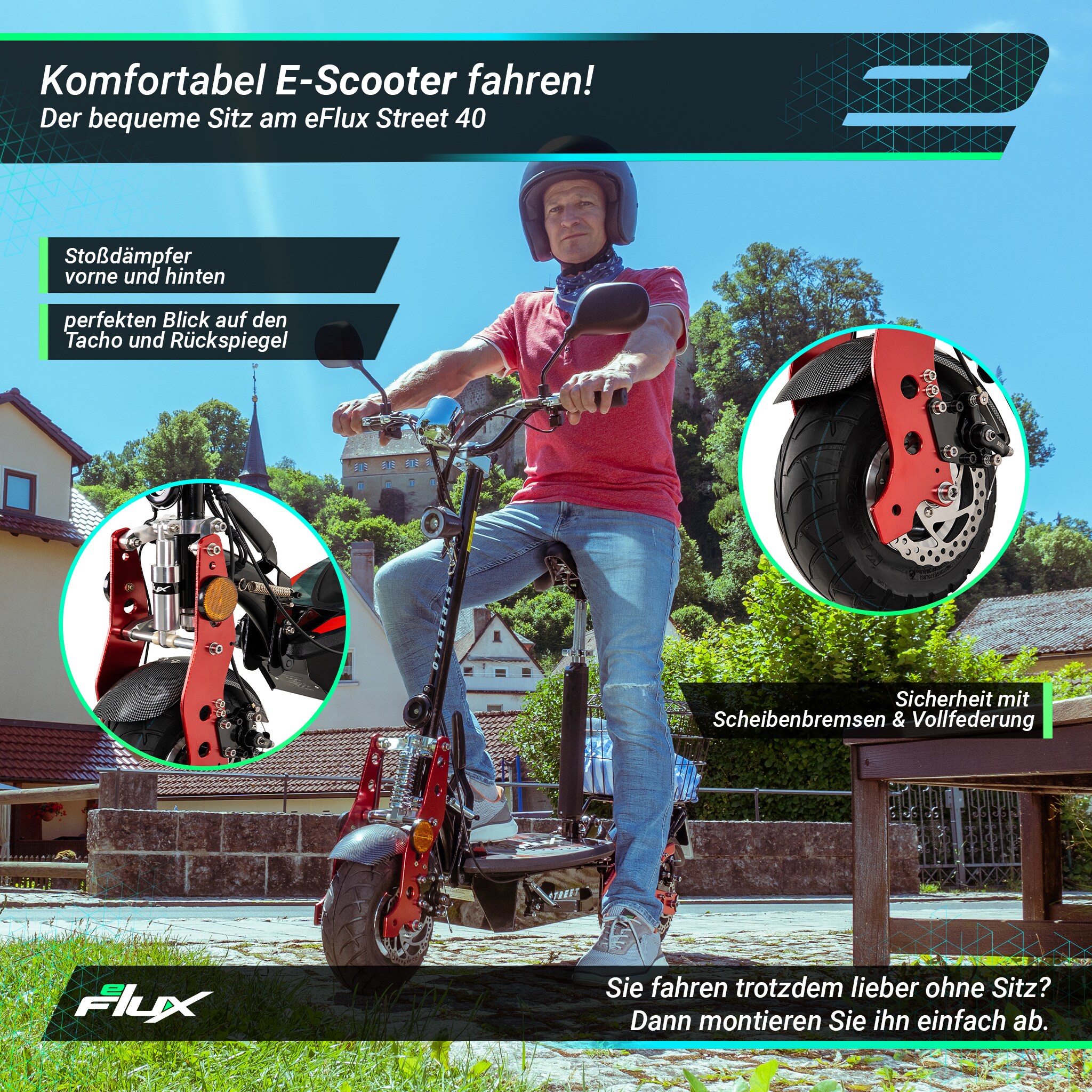 eFlux Street 40, E-Scooter mit Straßenzulassung, 35 km/h, 800 Watt, mit Sitz, Gepäck-Korb, klappbar (Schwarz)