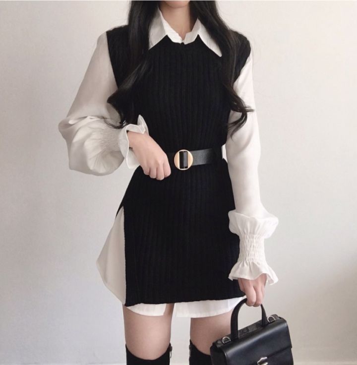 Leoom - Set: Pofmouw Lang Shirt + Trui Vest