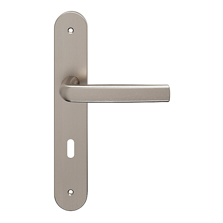Ensemble poignée sur plaque Incurvé serrure GoodHome Primel effet nickel satin gris L.126mm x l.40mm entraxe 195mm