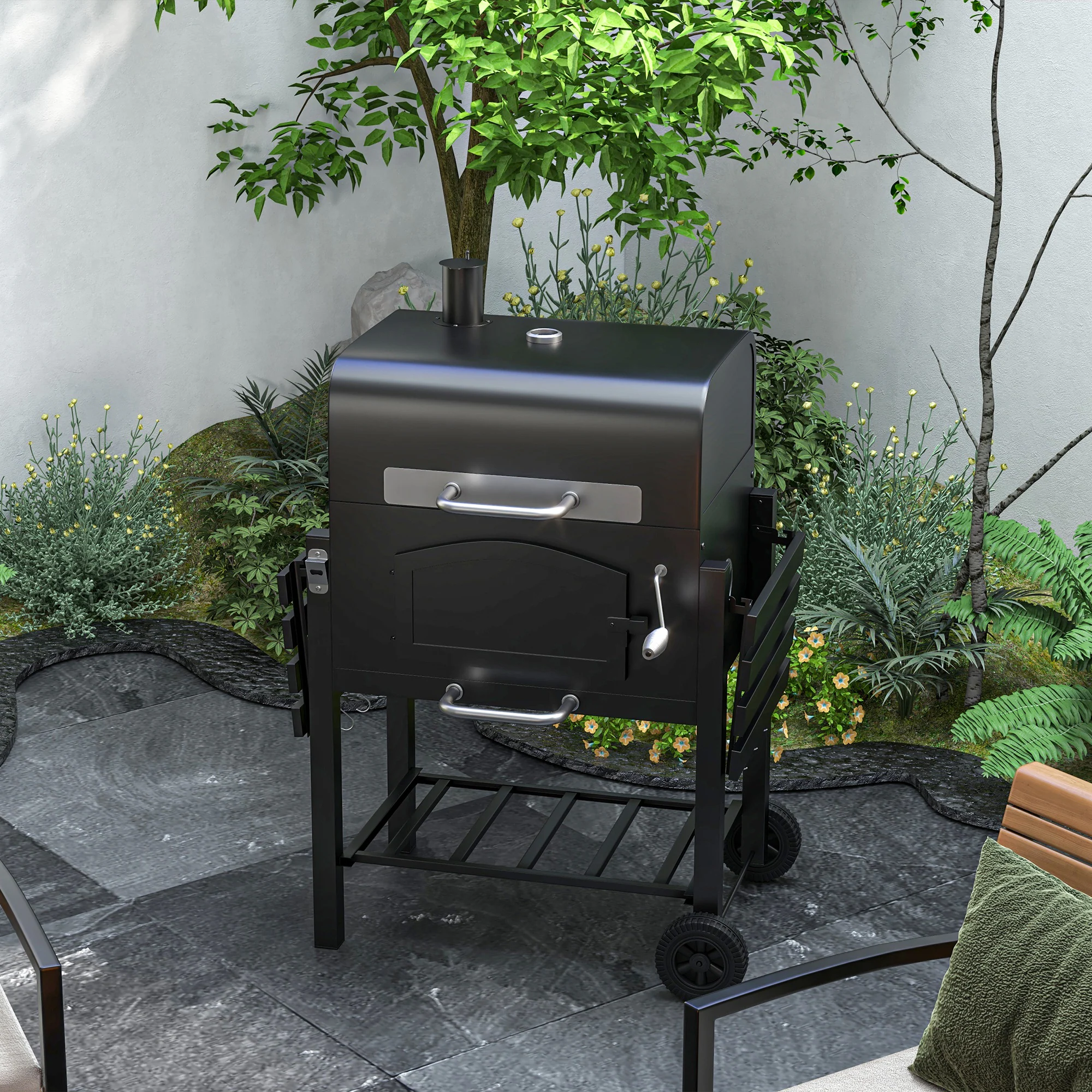 Outsunny Holzkohlegrill mit Thermometer schwarz 124L x 66B x 112H cm