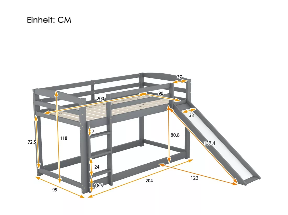 Lit superposé 90 x 200 cm - Avec toboggan et escalier - Pin - Charge max 120 kg - Gris
