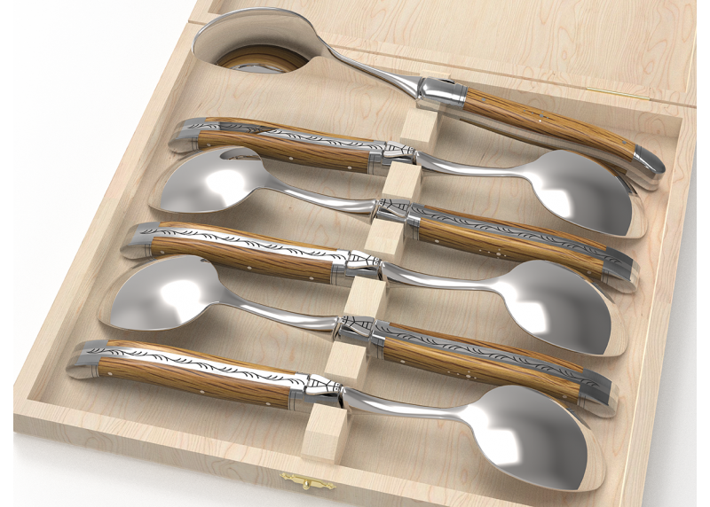 Service de 6 petites cuillères Laguiole avec un manche en bois de chêne et mitres en acier inoxydable