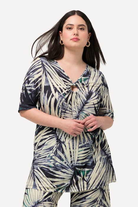T-Shirt, Palmenblätter, Zierring, V-Ausschnitt, Halbarm