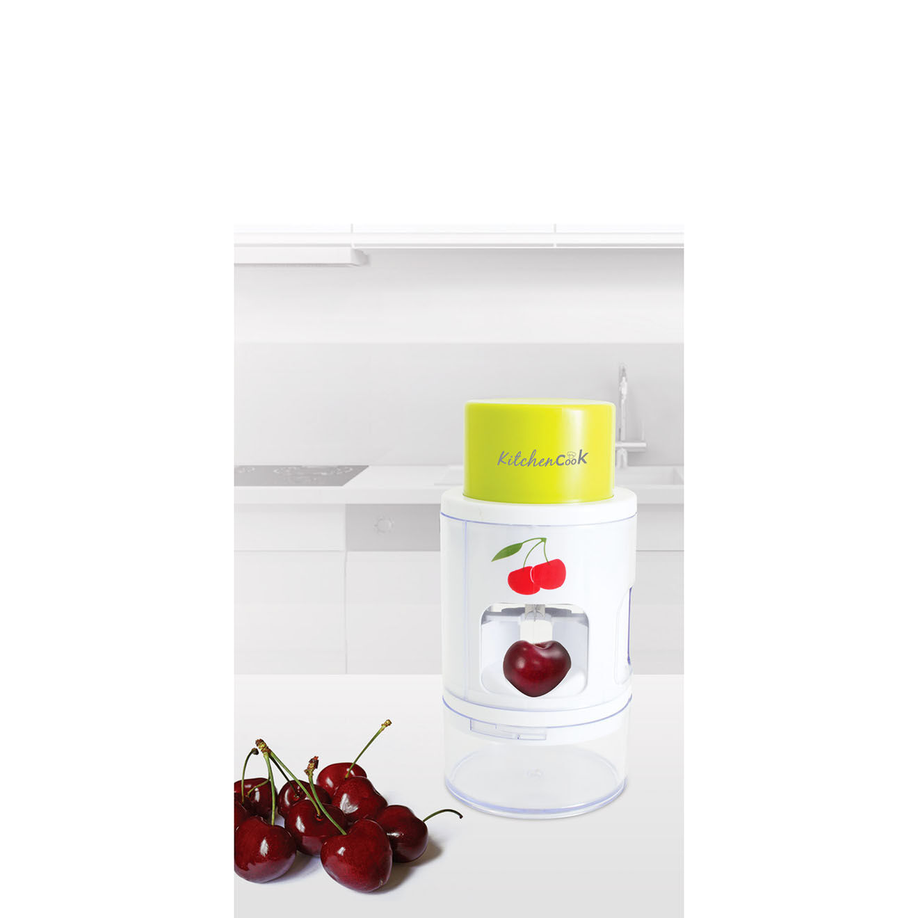 Kitchencook Coupe fraises et dénoyauteur à cerises vert/blanc - 36.5x27x36 cm