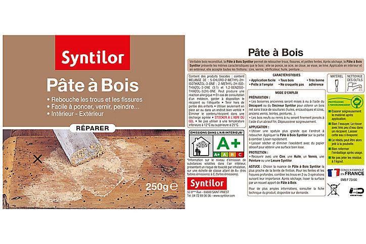 Pâte à bois rebouche fissures et imperfections blanc Syntilor 250g