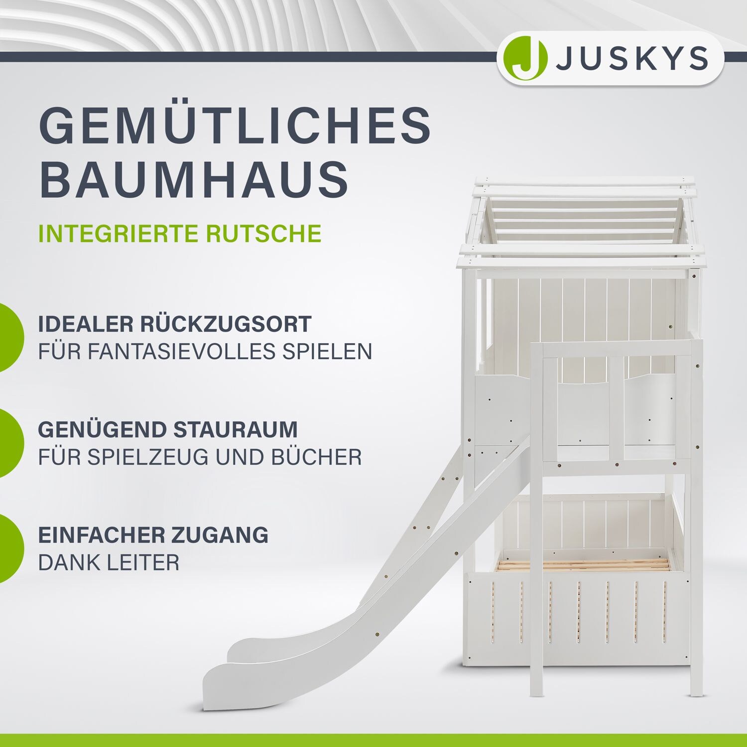 Juskys Kinderbett Baumhaus 90x200 cm Weiß mit Rutsche, Dach & Lattenrost – Hausbett für Kinder