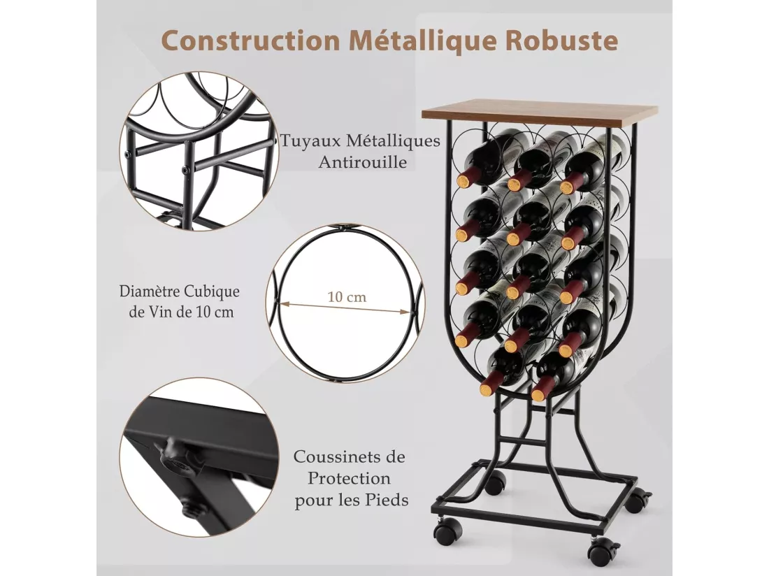 Casier à Vin Industriel en Métal pour 14 Bouteilles, Étagère à Vin Porte Bouteilles avec Roues Amovibles et Verrouillables, Cadre en métal solide, Style industriel