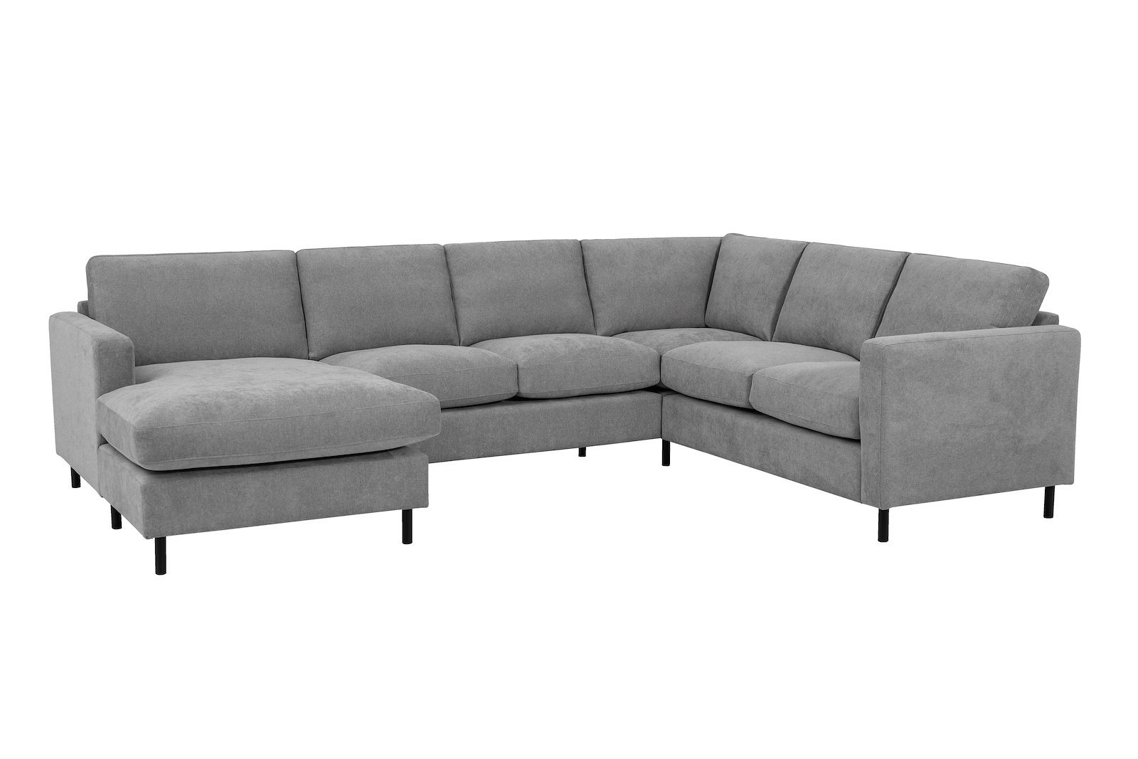 Viken U-sofa Sjeselong venstre, 2-seter og 2-seter høyre. Tekstil Storm 3/3 Warm Grey. Arm B og ben 1. Med duntopp