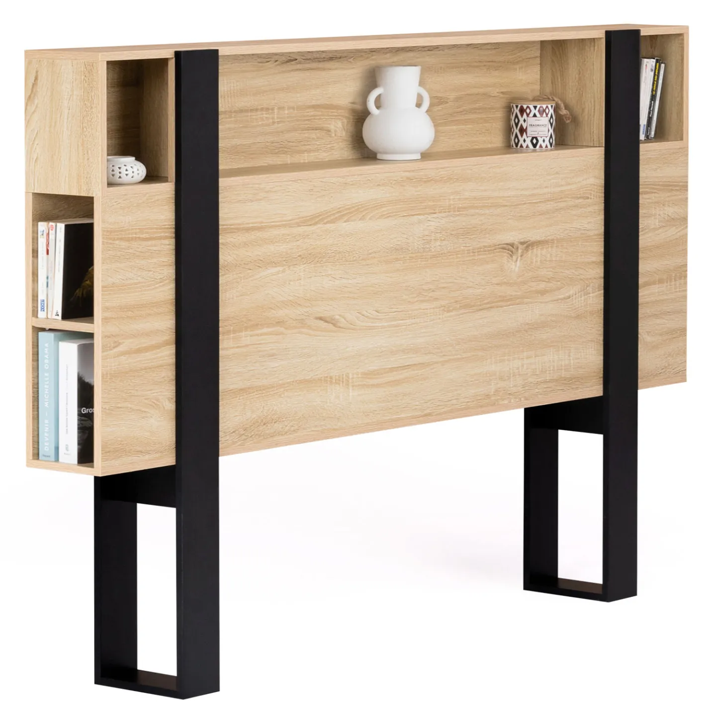 Tête de lit sur pied PHOENIX 160 cm avec rangements bois et noir