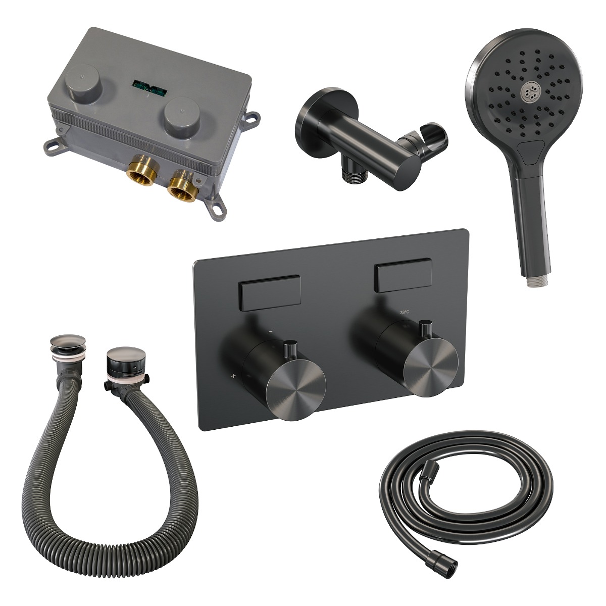 Brauer Gunmetal Edition thermostatische inbouw badkraan met badvulcombinatie en 3 standen handdouche set 4 gunmetal geborsteld PVD
